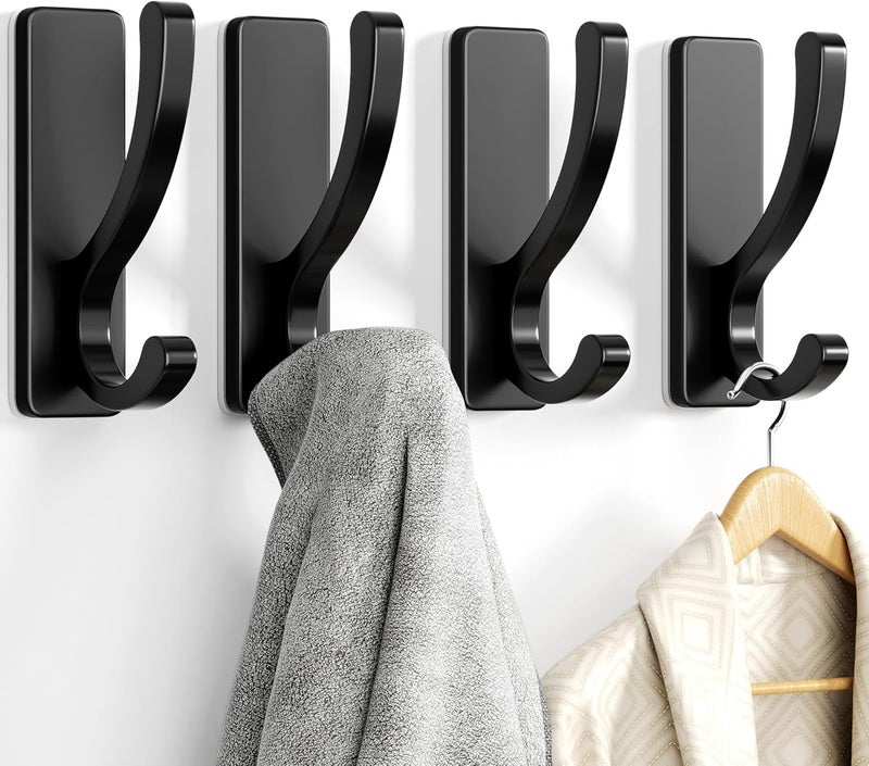 pickpiff Adhesive Wall Hooks for Towels - Sticky Hook Hanging Heavy Duty (13lb), Hanger for Door, Bathroom, Dorm, Closet - for Coats, Purse, Bag, Robe - No Damage to Wall - Black 4 Pack - Image 1